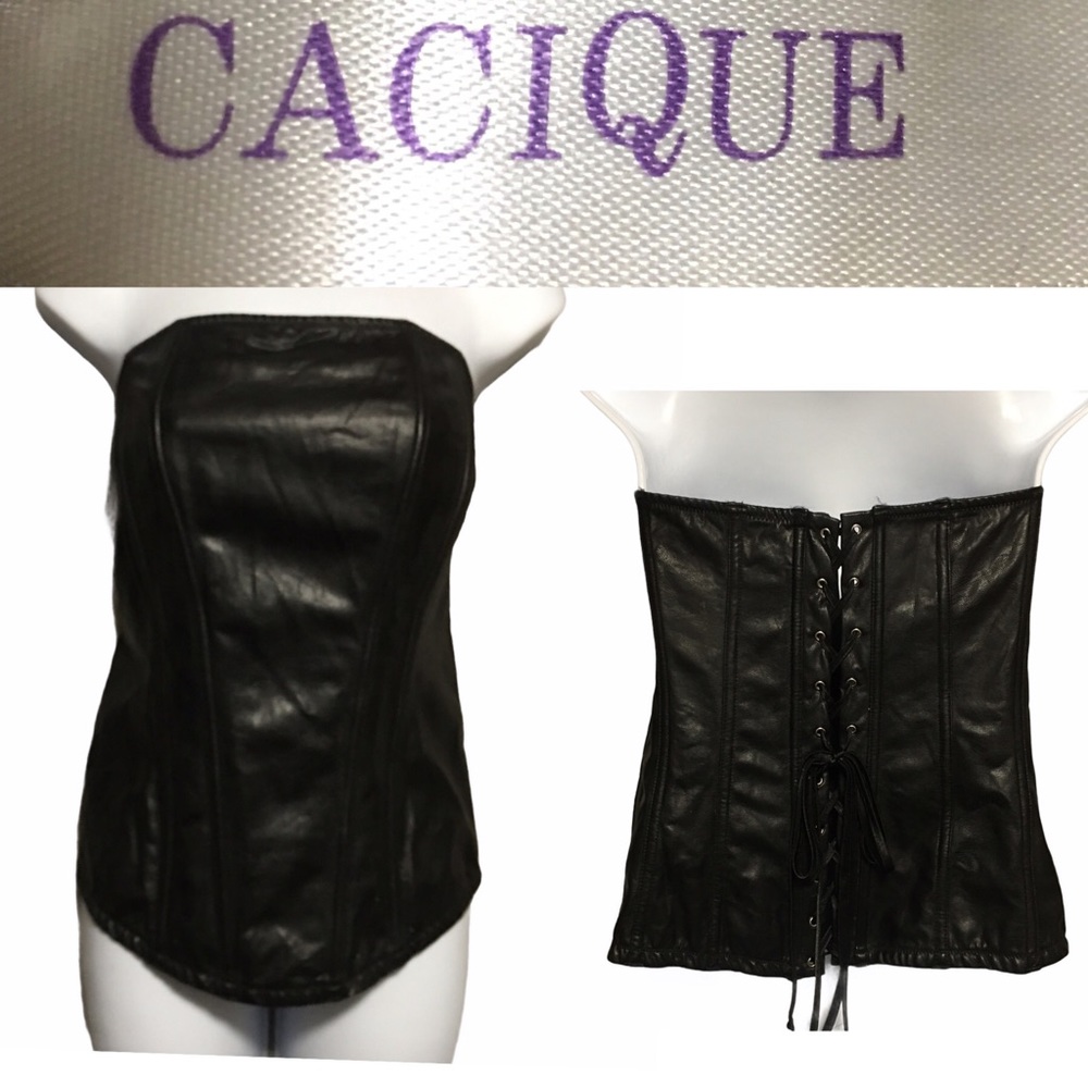 Bustier Cacique Black Faux Leather zips hook & eye 14/16 Y2K fairygoth N…